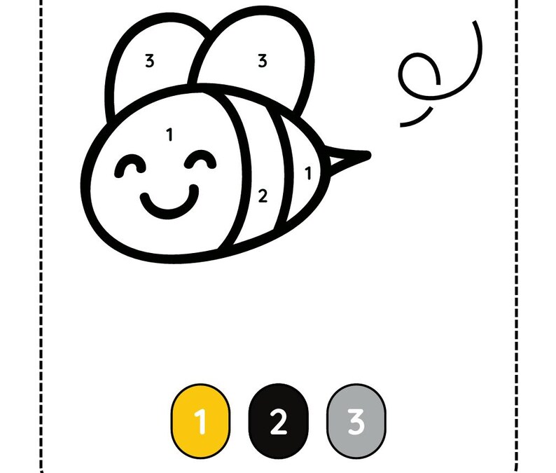 May include: A black and white line drawing of a bee with numbered sections for coloring. The bee has a smiling face and is accompanied by three color options: yellow, black, and gray. The image is designed for a coloring activity.