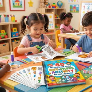 May include: Children are engaged in a classroom activity, cutting and pasting images from a workbook. The workbook cover reads "80 Worksheets of Cut & Paste Activity for Kids Learning." Crayons, glue sticks, and other school supplies are on the table.