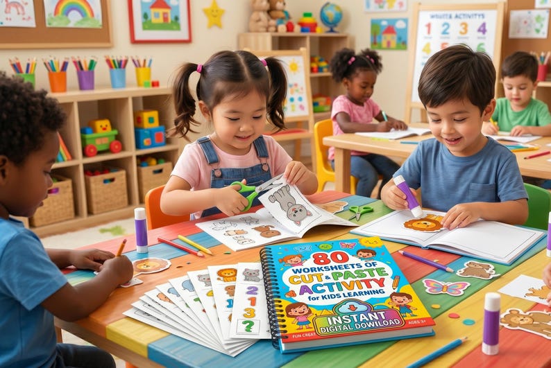 May include: Children are engaged in a classroom activity, cutting and pasting images from a workbook. The workbook cover reads "80 Worksheets of Cut & Paste Activity for Kids Learning." Crayons, glue sticks, and other school supplies are on the table.