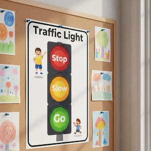 Puede incluir: Un póster con las palabras "Traffic Light" e ilustraciones de un semáforo con las palabras "Stop", "Slow" y "Go". El póster está en un corcho con dibujos infantiles.