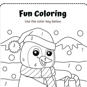 May include: Black and white coloring page with the text "Fun Coloring" and "Use the color key below." The image features a cartoon penguin wearing a hat and scarf, with numbers indicating color zones.
