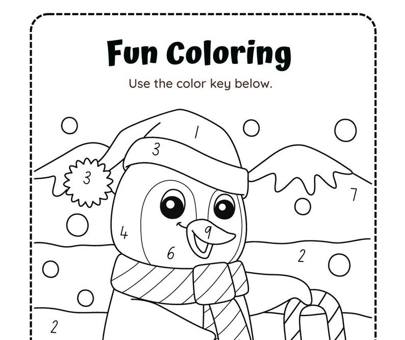 May include: Black and white coloring page with the text "Fun Coloring" and "Use the color key below." The image features a cartoon penguin wearing a hat and scarf, with numbers indicating color zones.