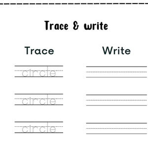 K&ouml;nnte beinhalten: Ein wei&szlig;es Arbeitsblatt mit dem Text "Trace & write". Das Arbeitsblatt enth&auml;lt Abschnitte zum Nachzeichnen des Wortes "circle" und zum Schreiben des Wortes "circle" auf liniertes Papier. Das Arbeitsblatt ist f&uuml;r Bildungszwecke konzipiert.