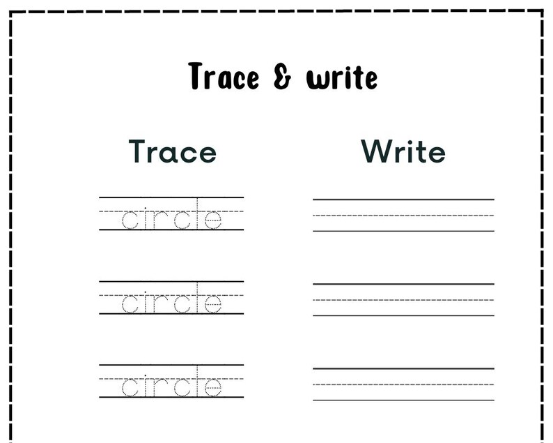 K&ouml;nnte beinhalten: Ein wei&szlig;es Arbeitsblatt mit dem Text "Trace & write". Das Arbeitsblatt enth&auml;lt Abschnitte zum Nachzeichnen des Wortes "circle" und zum Schreiben des Wortes "circle" auf liniertes Papier. Das Arbeitsblatt ist f&uuml;r Bildungszwecke konzipiert.