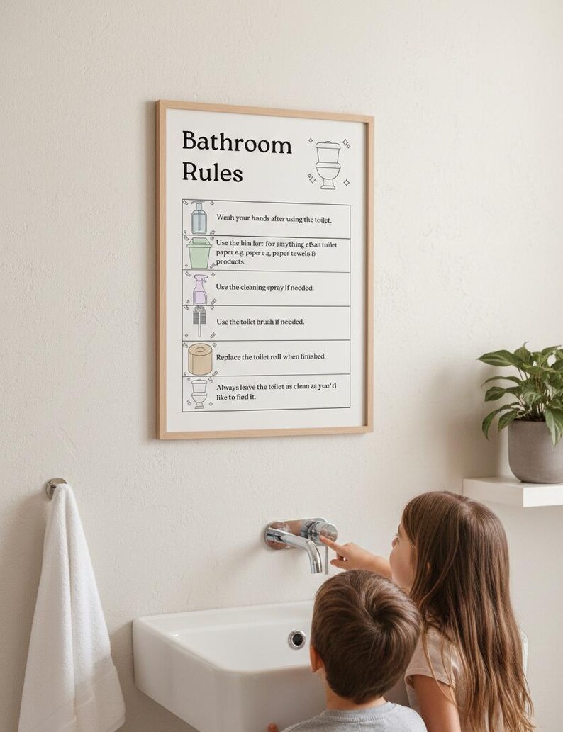 Affiche sur les règles de la salle de bain pour enfants, guide d'apprentissage de la propreté (téléchargement numérique A4 PDF et PNG) image 2