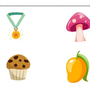 May include: A collection of colorful illustrations on a white background. Includes a gold medal with a star, a pink mushroom, a chocolate chip muffin, and a ripe mango with a green leaf.