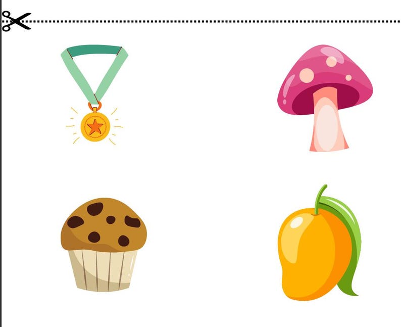 May include: A collection of colorful illustrations on a white background. Includes a gold medal with a star, a pink mushroom, a chocolate chip muffin, and a ripe mango with a green leaf.