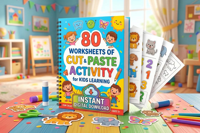 May include: A spiral-bound activity book with a blue cover featuring cartoon illustrations and the text "80 Worksheets of Cut & Paste Activity for Kids Learning." Includes cut-out animal shapes, glue stick, and scissors. Ages 3+.