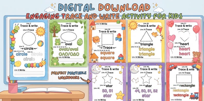 K&ouml;nnte beinhalten: Digitaler Download von ansprechenden Mal- und Schreibaktivit&auml;ten f&uuml;r Kinder. Die Arbeitshefte zeigen Formen wie Kreise, Ovale, Quadrate, Dreiecke, Herzen, Sterne und Rechtecke. Jede Seite enth&auml;lt &Uuml;bungen zum Nachzeichnen und Schreiben. Der Text "DIGITAL DOWNLOAD" ist oben.