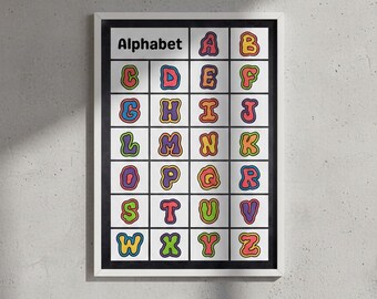 Groovy alfabetposter met bellenletter, retro ABC-grafiek (digitale download)