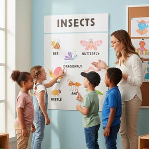 May include: A classroom scene with a teacher and children gathered around a poster labeled "INSECTS." The poster displays illustrations of various insects, including a bee, butterfly, dragonfly, snail, ant, and beetle. The children are pointing at the insects.