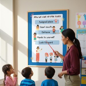 May include: A teacher uses a pointer to indicate instructions on a poster titled "HOW WE LINE UP FOR CLASS." The poster shows illustrated steps: "Assigned place," "Quiet mouth," "Distance," "Hands to yourself," and "Look forward." Children are looking at the poster.
