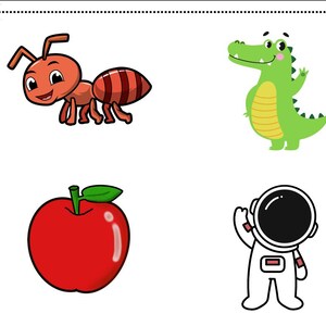 May include: A colorful illustration featuring four cartoon images: a smiling red ant, a green alligator, a red apple, and a white astronaut. The images are outlined in black and set against a white background.