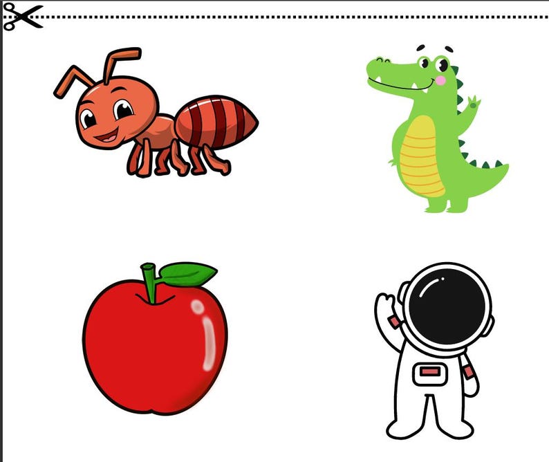 May include: A colorful illustration featuring four cartoon images: a smiling red ant, a green alligator, a red apple, and a white astronaut. The images are outlined in black and set against a white background.
