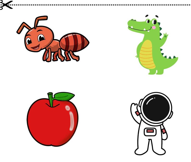 May include: A collection of colorful cartoon illustrations. Includes a smiling red ant, a green alligator with a yellow belly, a shiny red apple with a green leaf, and a white astronaut.