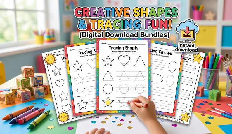May include: Educational tracing sheets for children, featuring shapes and fun activities. The image displays various sheets with stars, hearts, triangles, and circles. The text reads "CREATIVE SHAPES & TRACING FUN! (Digital Download Bundles)".