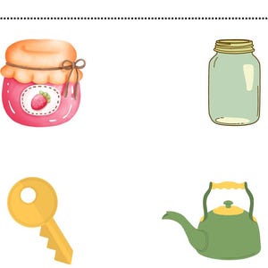 May include: A collection of illustrated objects including a jar of strawberry jam, a clear glass jar, a gold key, and a green kettle with a yellow handle and lid. The jam jar has a strawberry label.