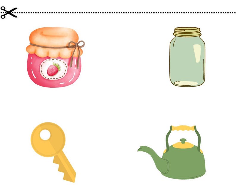 May include: A collection of illustrated objects including a jar of strawberry jam, a clear glass jar, a gold key, and a green kettle with a yellow handle and lid. The jam jar has a strawberry label.