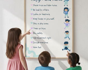 Poster speelregels, kinderveiligheid sociale vaardigheden kunst (digitale download, A4-formaat)