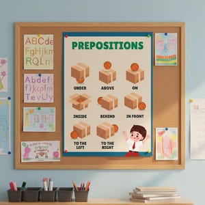 May include: A corkboard with a wooden frame displays a prepositions chart with illustrations of boxes and basketballs. The chart includes the words "UNDER," "ABOVE," "ON," "INSIDE," "BEHIND," "IN FRONT," "TO THE LEFT," and "TO THE RIGHT."