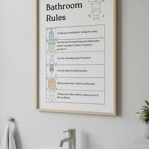 Affiche sur les règles de la salle de bain pour enfants, guide d'apprentissage de la propreté (téléchargement numérique A4 PDF et PNG) image 1