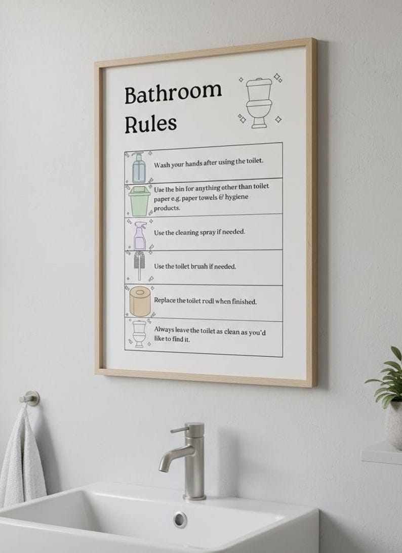 Affiche sur les règles de la salle de bain pour enfants, guide d'apprentissage de la propreté (téléchargement numérique A4 PDF et PNG) image 1