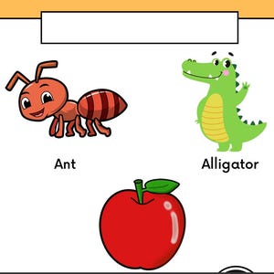 May include: A colorful educational poster featuring cartoon illustrations of an ant, an alligator, and a red apple. The words "Ant" and "Alligator" are written below the respective images.