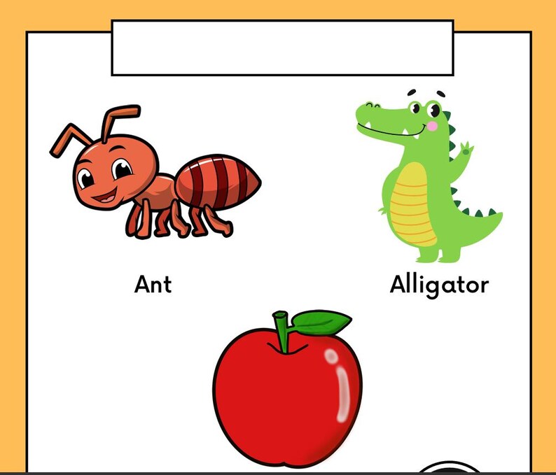 May include: A colorful educational poster featuring cartoon illustrations of an ant, an alligator, and a red apple. The words "Ant" and "Alligator" are written below the respective images.