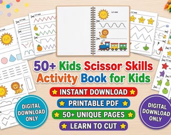 Kids Scissor Skills Activity Book, Preschool Cutting Practice, Fine Motor Worksheets (Digital Download)