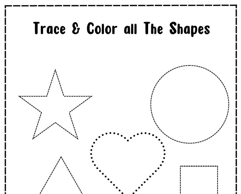 May include: A black and white worksheet with the text "Trace & Color all The Shapes". The worksheet includes a star, circle, heart, triangle, and square, each with a dotted outline for tracing. A fun educational activity for children.