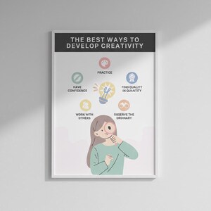 May include: A framed poster with the text "THE BEST WAYS TO DEVELOP CREATIVITY" at the top. The poster features illustrations and text including "HAVE CONFIDENCE", "PRACTICE", "FIND QUALITY IN QUANTITY", "WORK WITH OTHERS", and "OBSERVE THE ORDINARY". A cartoon figure is holding a magnifying glass.