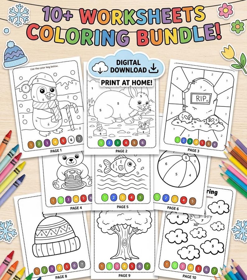 May include: A bundle of 10+ coloring worksheets with various illustrations, including a penguin, rabbit, bear, fish, beach ball, and more. The worksheets are designed for digital download and print at home. The text "10+ WORKSHEETS COLORING BUNDLE!" is at the top.