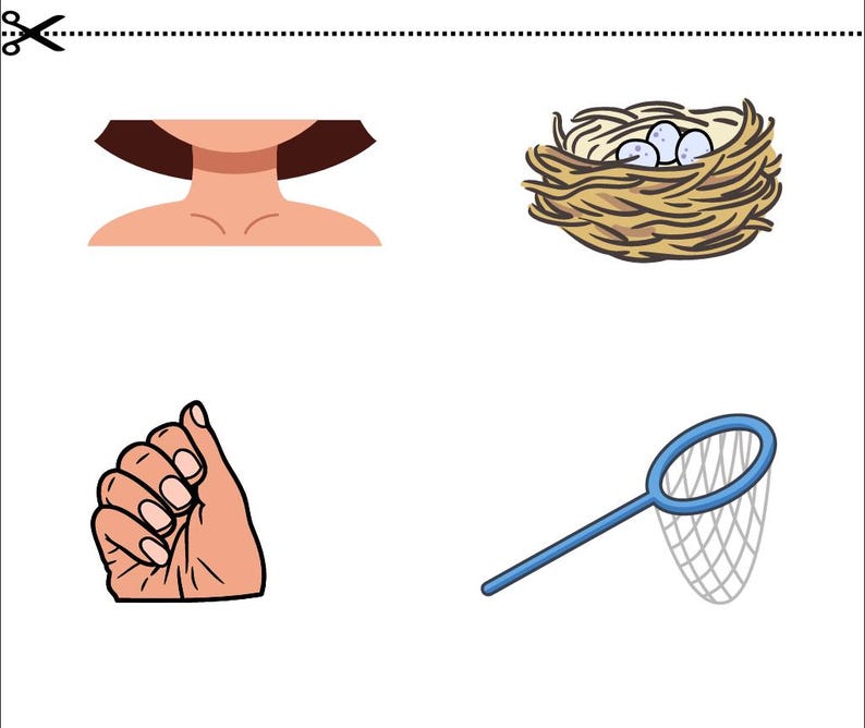 May include: A cartoon illustration features a neck and shoulders, a bird's nest with three eggs, a hand with fingers curled, and a blue butterfly net. The images are set against a white background.