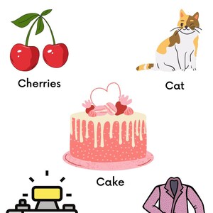 May include: Illustration featuring a pair of red cherries with green leaves, a cat with orange and white fur, a pink cake with white frosting, and the word "Cherries", "Cat", and "Cake".
