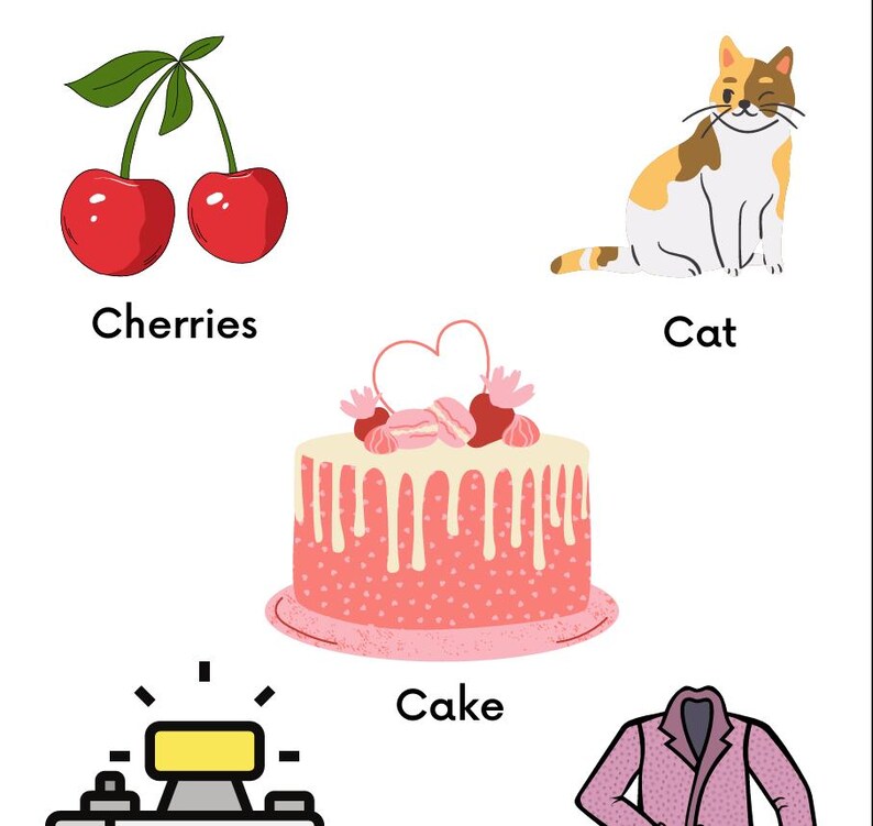 May include: Illustration featuring a pair of red cherries with green leaves, a cat with orange and white fur, a pink cake with white frosting, and the word "Cherries", "Cat", and "Cake".