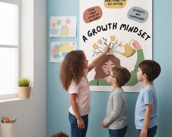 Poster met groeimindset voor kinderen, klasdecor positieve affirmaties (digitale download)