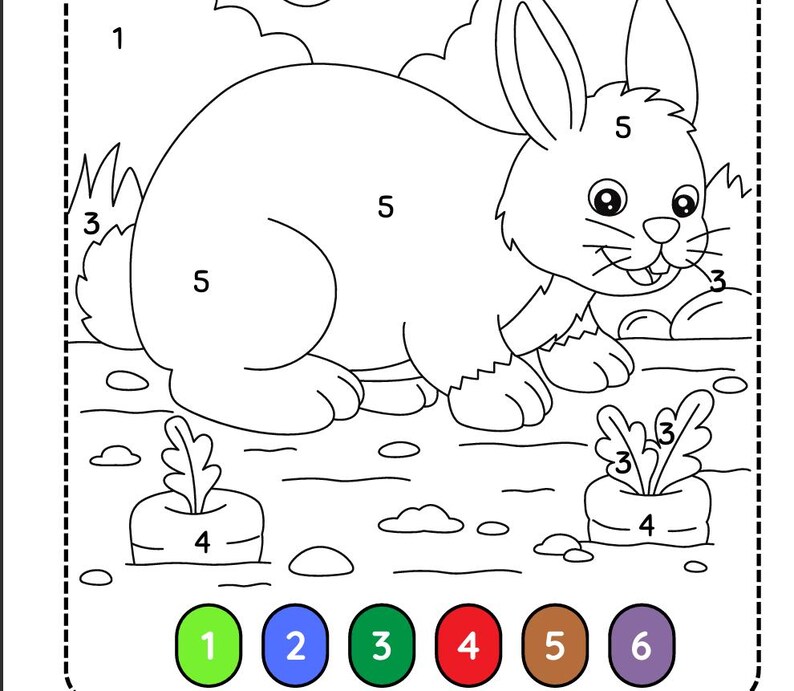 May include: Black and white line drawing of a rabbit and carrots, designed for a color-by-number activity. The rabbit is the central focus, with numbers indicating the colors to be used. Carrots and other elements are also outlined.