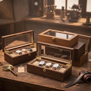May include: Several wooden watch display cases with glass tops are open, revealing various wristwatches. The cases are made of dark wood and have a light-colored interior. A magnifying glass and a leather watch strap are also visible.