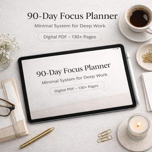 Könnte beinhalten: Ein digitales Tablet mit dem Text "90-Day Focus Planner" und "Minimal System for Deep Work". Das Bild enthält eine Tasse Kaffee, einen Stift, eine Kerze und Schreibwaren. Der Planer ist ein digitales PDF mit über 130 Seiten.