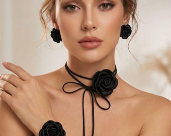 Conjunto de joyas con gargantilla de rosas, collar floral, pendientes y pulsera, conjunto de rosas negras, blancas y rojas, joyería de flores góticas, regalo romántico para ella.