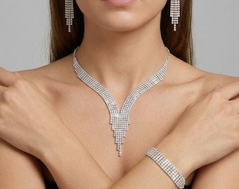 Conjunto de joyas con diamantes de imitación, collar llamativo, pendientes y pulsera, conjunto de joyas nupciales, accesorios de boda de cristal, elegante regalo de joyería para fiestas