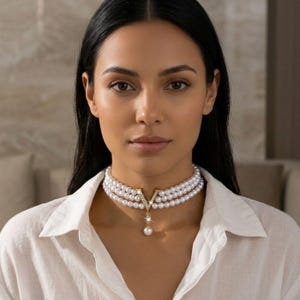 Pearl Choker, Layered Necklace, Initial V Pendant, Gold Jewelry, Bridal Accessory, Elegant Collier, Wedding Gift, Anniversary Present