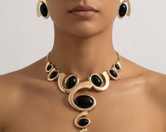 Elegant Gold Black Stone Necklace Set, Statement Jewelry, Vintage Style, Matching Earrings, Chic Fashion Accessory, Gift For Her