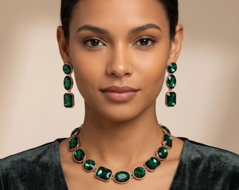 Conjunto de joyas de cristal verde esmeralda, collar y pendientes dorados, accesorios nupciales llamativos, regalo de boda, joyería formal para fiestas para mujer