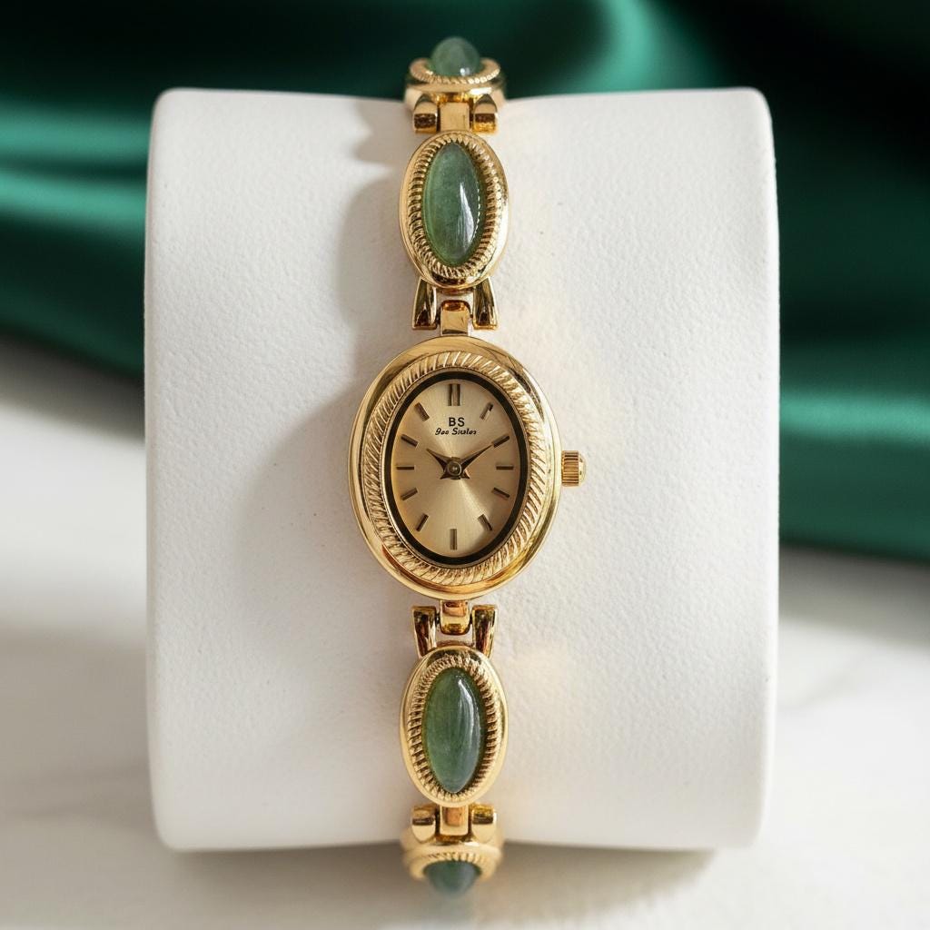 Gold and Green Vintage Style Unique Dainty Women’s Wrist Watch Trendy Cute Gift Vintage Style Emerald Green Color Dial Gold Bracelet Watch  main image 4