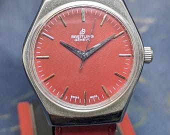 Vintage Breitling Genève Watch – 1970s Swiss Manual Wind, Red Dial