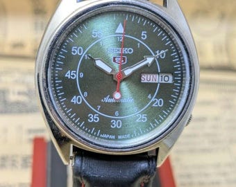 Vintage Seiko 5 Automatic 6309A Wristwatch, Day-Date, Japan Made Green Dial