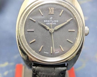 Vintage Breitling Genève Watch – 1970s Swiss Manual Wind, Black Dial