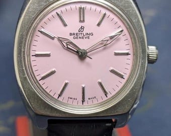 Vintage Breitling Genève Watch – 1970s Swiss Manual Wind, Pink Dial