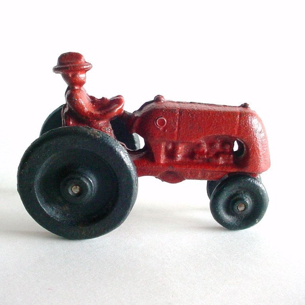 Cast Iron Red Tractor with Farmer - Primitive Toy - Vintage - wlv t